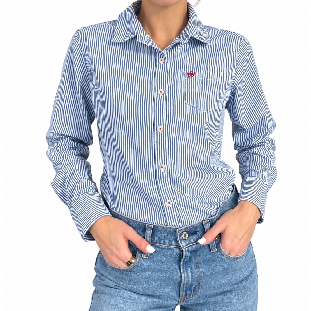 Ariat REAL Women's Blue White Striped Western Button Up Shirt Fitted